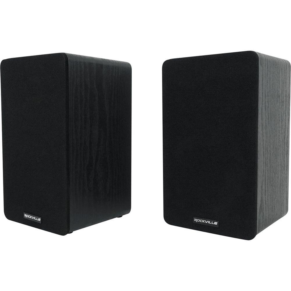 RockShelf 54B Black 5.25" Home Bookshelf Speakers + 36" Stands