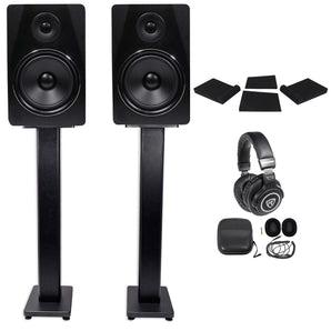 Pair Rockville APM8B 8" 500W Powered Studio Monitors+36" Stands+Pads+Headphones