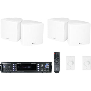 Rockville 2-Room Home Audio Receiver+(4) White 3.5" Cube Speakers+Wall Controls