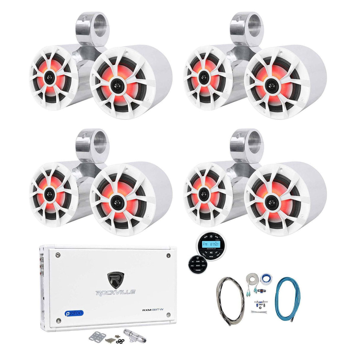 (4) Dual 6.5" Marine Wakeboard LED Speakers+Receiver+Amplifier+Amp Kit