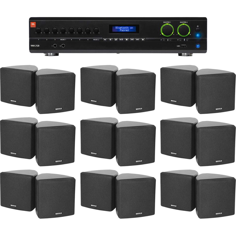 VMA2120 2-Channel Amplifier + (18) Cube 70V Black Speakers