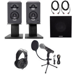 (2) Samson M30  3" Powered Studio Monitor Speakers+Stands+Sub+Headphones+USB Mic