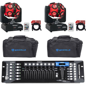 (2) Rockville Party Spinner LED Moving Head DJ Lights+DMX Controller+Bags+Cables
