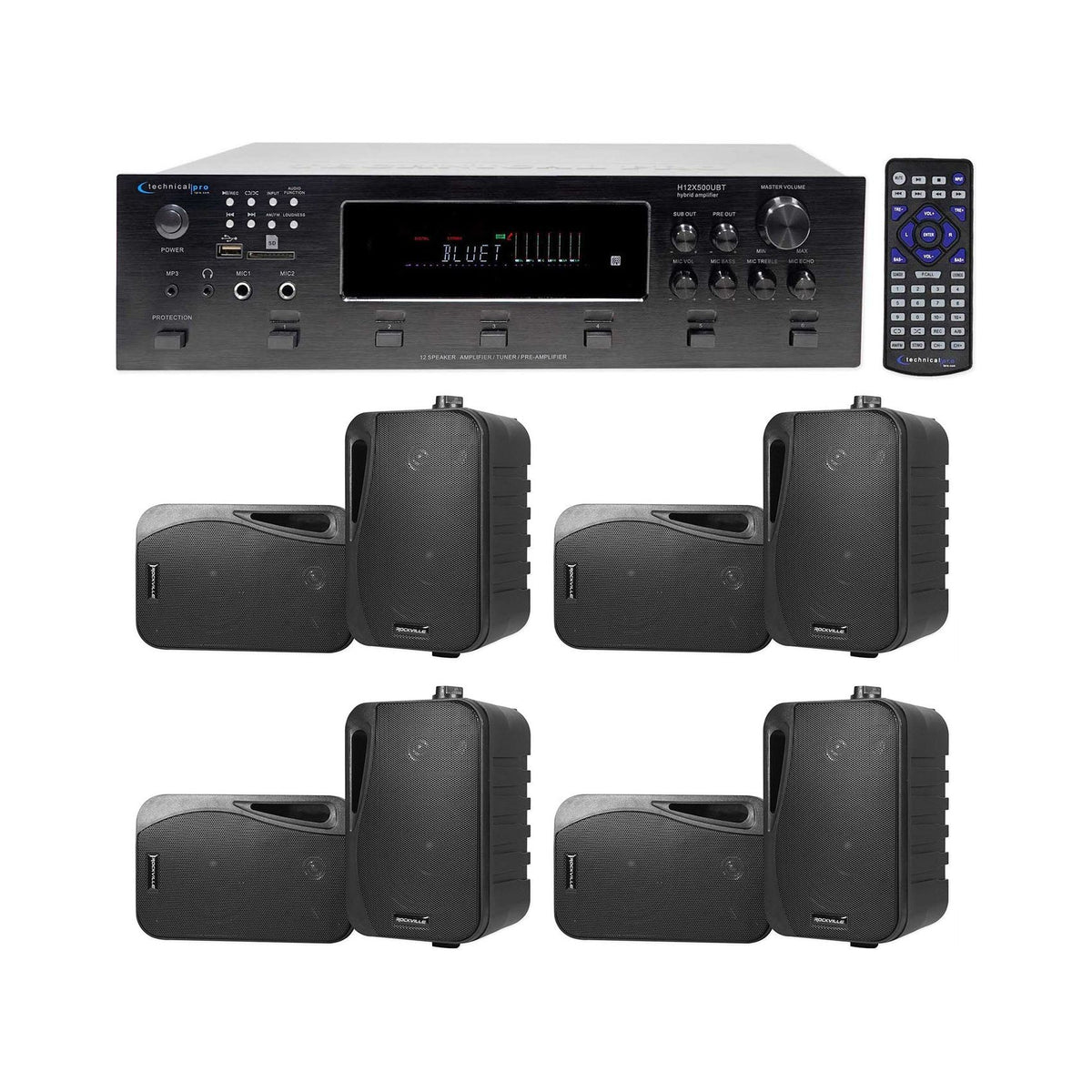 H12X500UBT 6-Zone Receiver & 4x HP4S-8 Black 4" Speaker Bundle