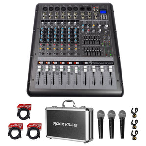 Rockville RPM870 8 Channel 6000w Powered Mixer, USB, Effects+3) Mics+Case+Cables