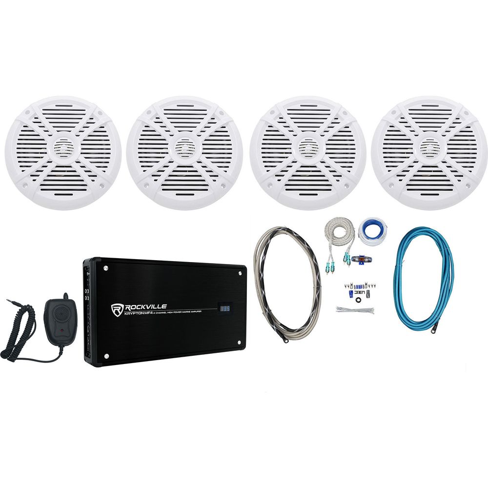 RMSTS80W White 8" Marine Speakers 4-Pack + KRYPTON MF4 Amplifier Bundle
