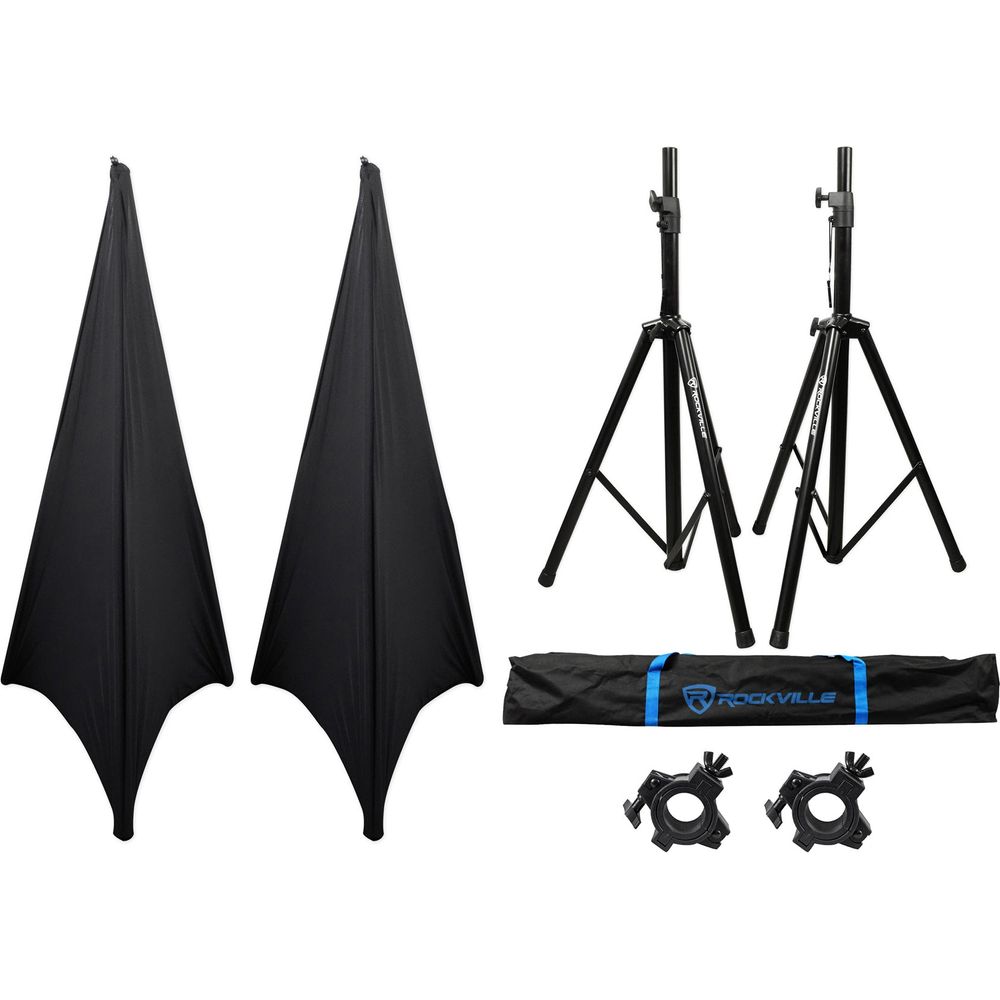 (2) Rockville Tripod DJ Speaker Stands+Scrim Werks Black Cloth Cover+Carry Case