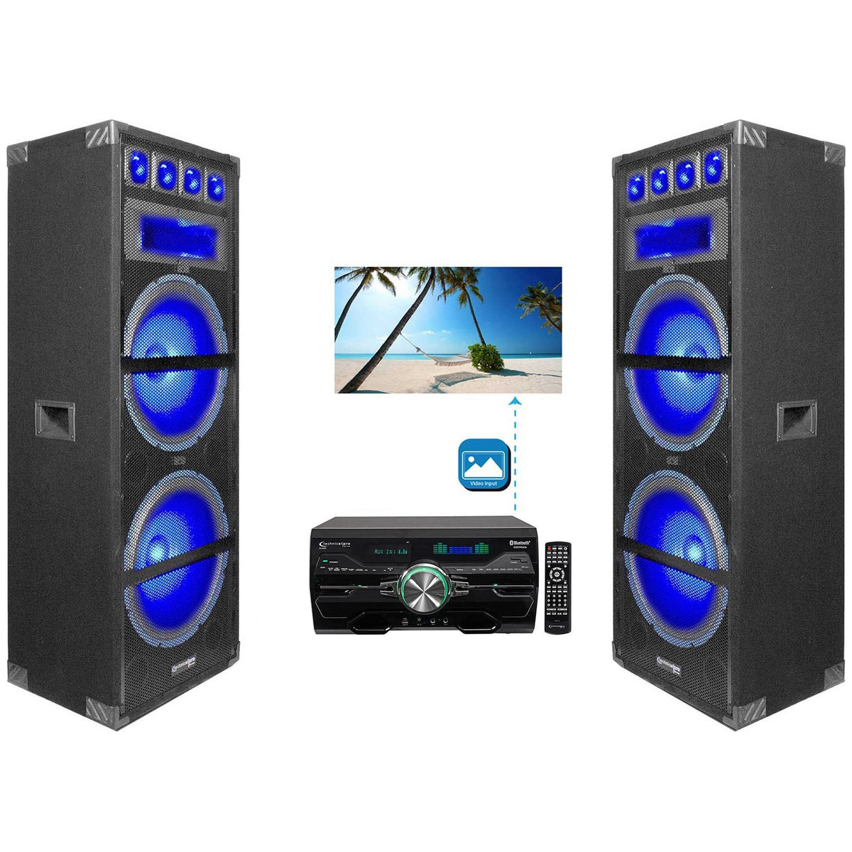 (2) VRTX215LED Dual 15" 1800W LED Home Theater Speakers w/DVD Receiver Amplifier