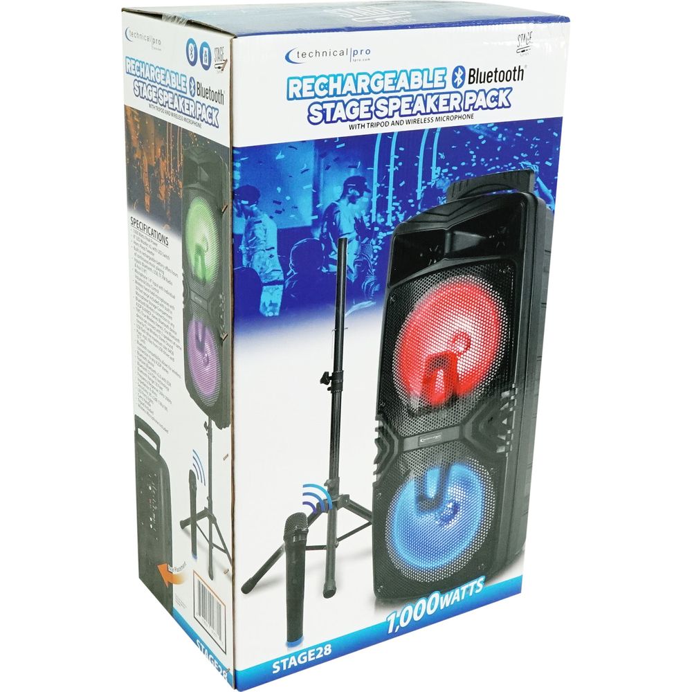 (2) STAGE28 Dual 8" Wireless Linking Rechargeable LED Speakers w/Stands & Mics