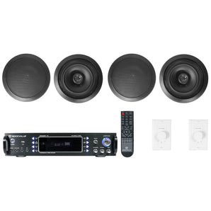 Rockville 2-Room Home Audio Receiver+4 Black 6.5" Ceiling Speakers+Wall Controls