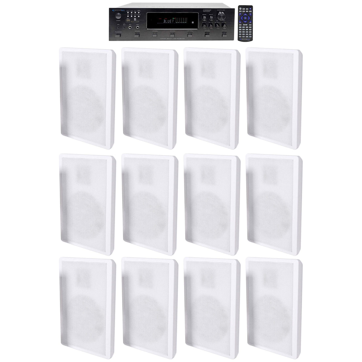 H12X500UBT 6-Zone Receiver + (12) White Slim Wall Speakers For Restaurant/Bar