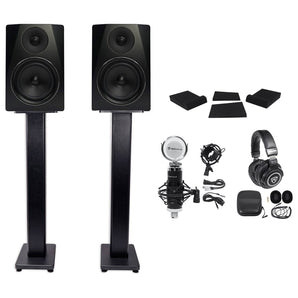 2) Rockville APM6B 6.5" 350w Studio Monitors+36" Stands+Pads+Headphones+Mic