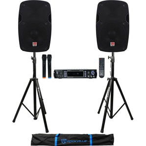 Rockville  Bluetooth Karaoke Amplifier/Mixer(2) VHF Mics+(2) 8" Speakers+Stands