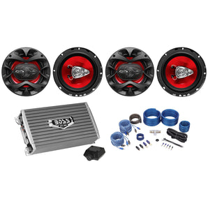 (4) Boss 6.5" 3-Way Car Stereo Speakers+2-Channel Amplifier+Amp Wire Install Kit