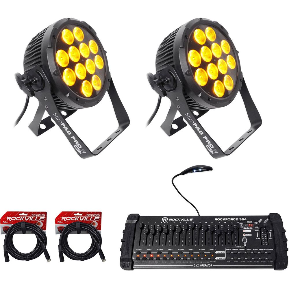 (2) SlimPar Pro W USB Wash Lights + ROCKFORCE 384 Controller + Cables Bundle