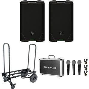 2) Mackie SRT215 15” 1600w Powered DJ PA Speakers+Transport Cart+3) Microphones