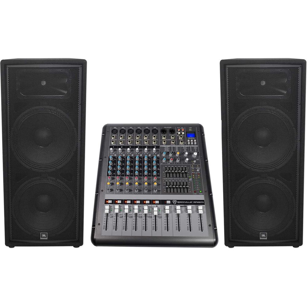 JBL JRX225 Dual 15" 4000w DJ/PA Speakers+Powered 8-Channel Mixer w/USB/Effects