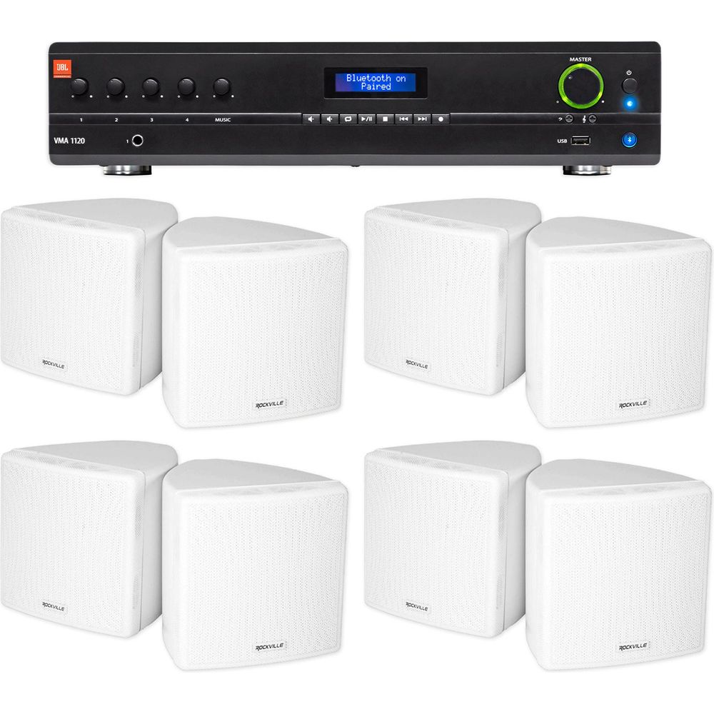 JBL Commercial Amplifier+(8) 3.5" White Cube Speakers for Restaurant/Bar/Cafe