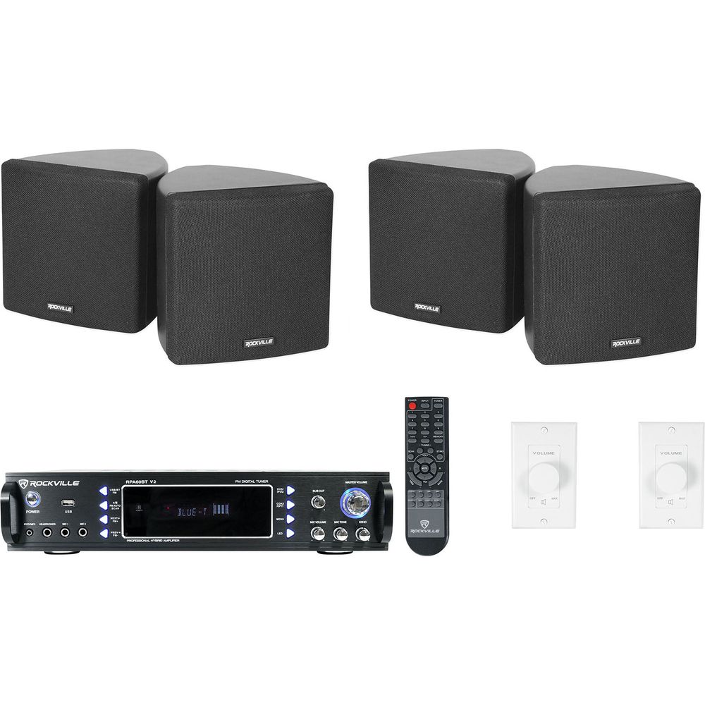 2-Room Home Audio Receiver Amp+(4) 3.5" Cube Speakers+Wall Controls