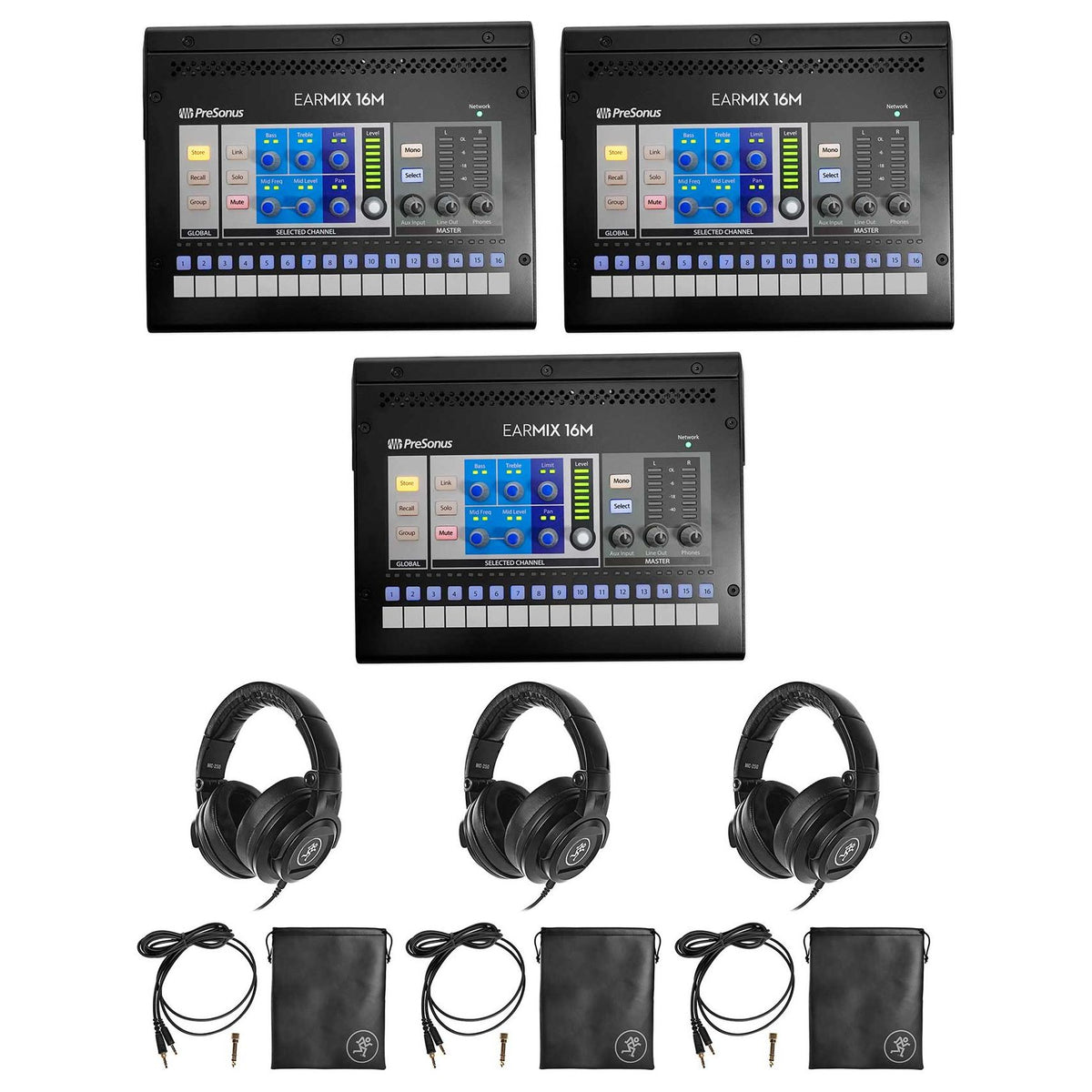 3 EarMix 16M AVB Monitor Mixers + 3 Mackie MC-250 Headphones
