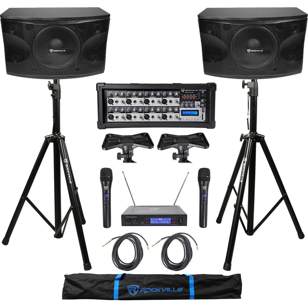 KPS12 12" Karaoke Speakers 2-Pack + RPM85 Mixer + Stands + Wireless Mics Bundle