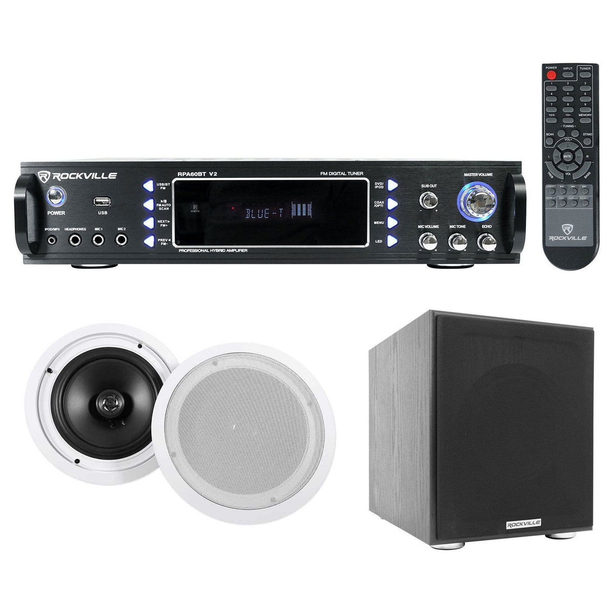 RPA60BT Home Theater Bluetooth Receiver+(2) 8" In-Ceiling Speakers+Sub