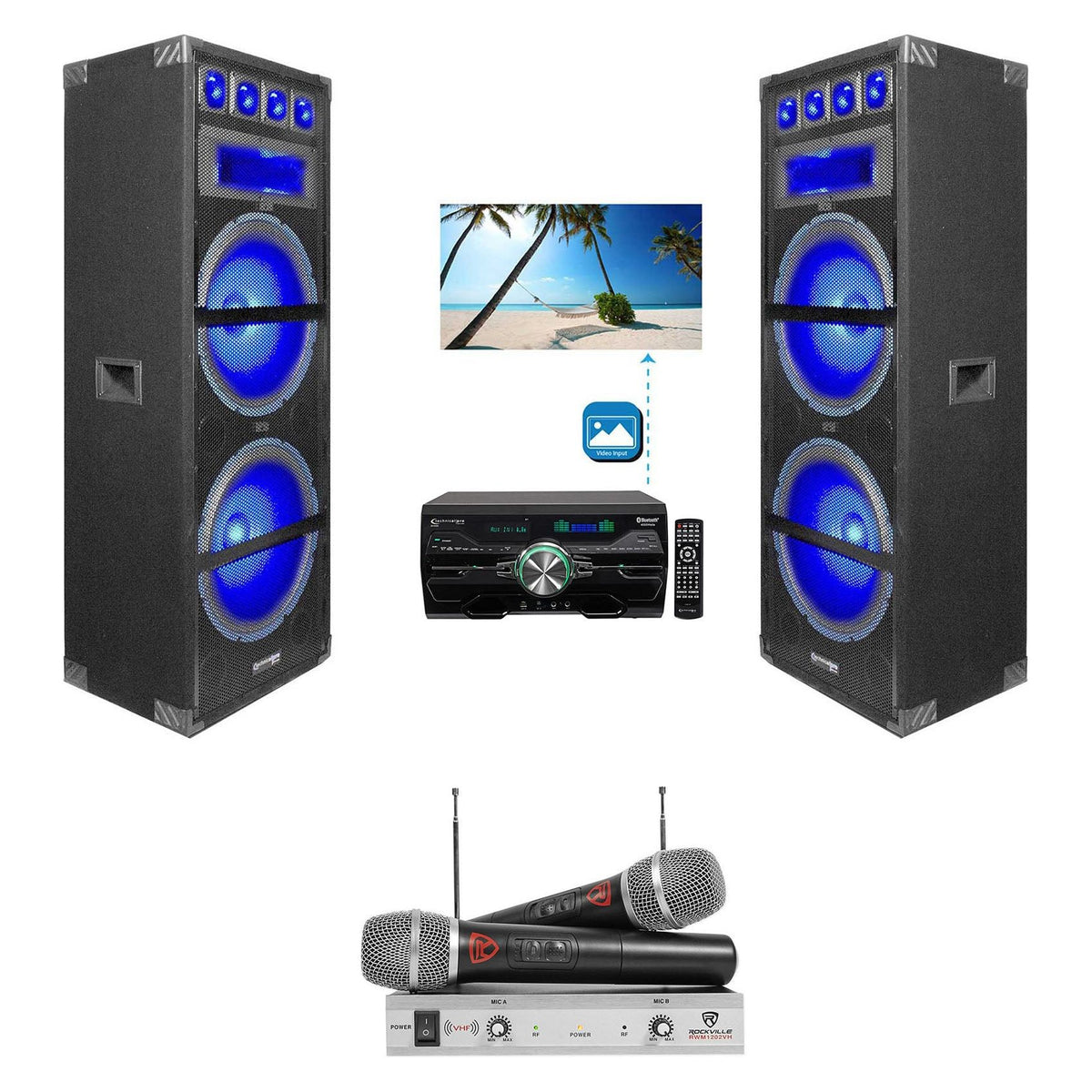 (2) VRTX215LED Dual 15" 1800W LED Karaoke Speakers w/Receiver & (2) Wireless Mics