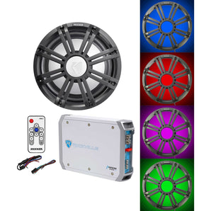 KICKER 45KMF104 10" Free Air Marine Subwoofer+Amp+Charcoal Grille w/LED's+Remote