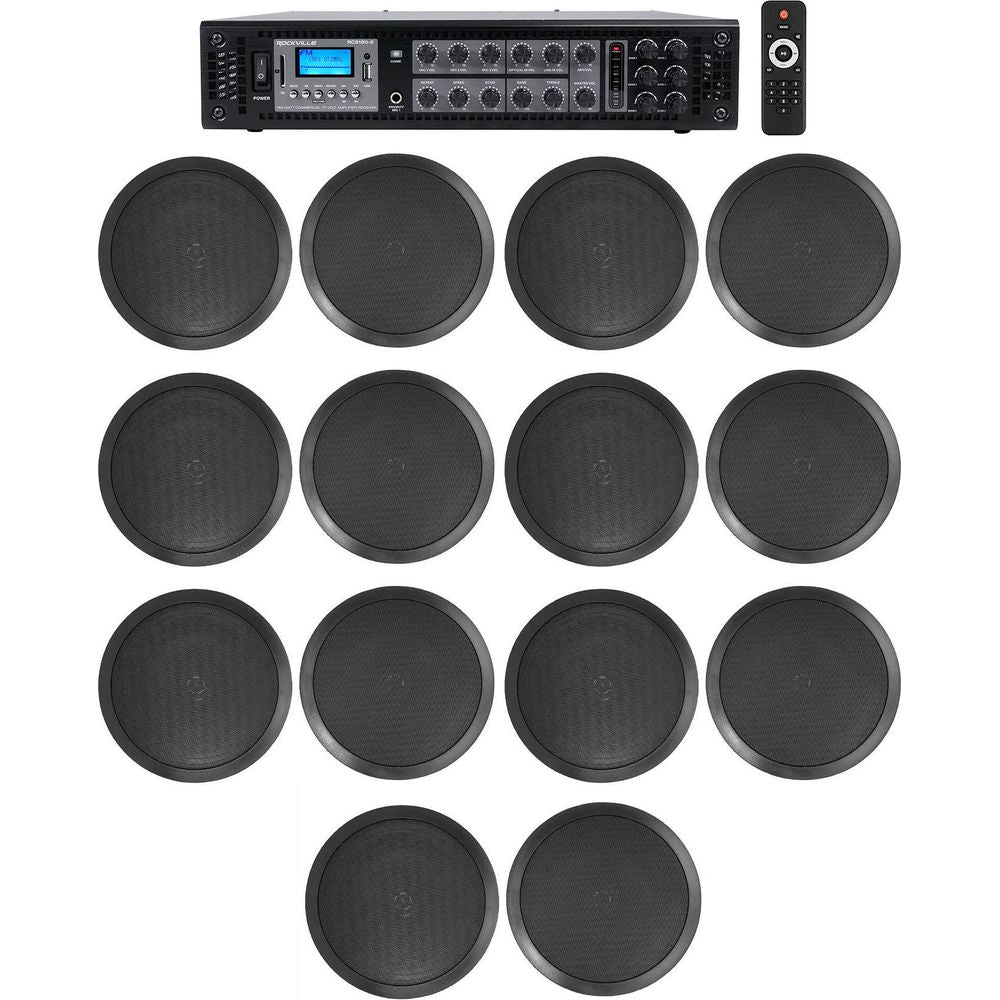 Commercial Receiver+(14) 8" 2Way Black Ceiling Speakers 4 Hotel/Office