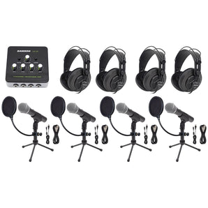 Samson Podcast Podcasting Bundle w/(4) Mics+(4) Stands+(4) Headphones+Amplifier