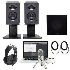 2 Samson M30  3" Active Studio Monitor Speakers+Stands+Sub+Headphones+Meteor Mic