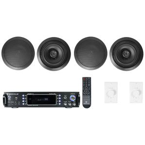 Rockville 2-Room Home Audio Receiver+(4) Black 8" Ceiling Speakers+Wall Controls