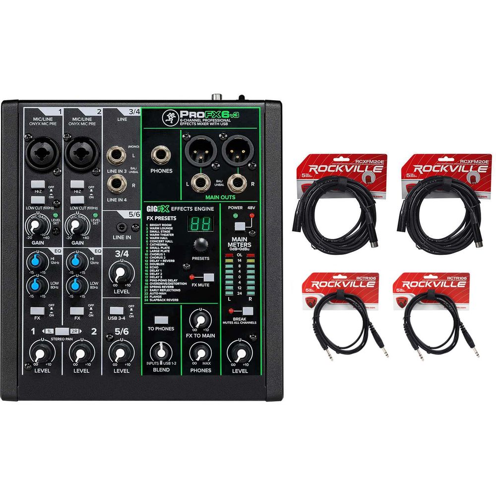 ProFX6v3 6-Channel Pro Effects Mixer w/USB + XLR + 1/4" Cables
