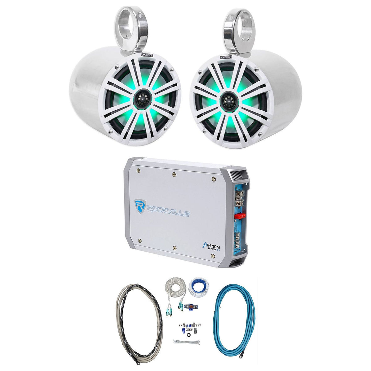 2) KICKER 45KM84L 8" 600w Marine Boat LED Wakeboard Speakers+Amplifier+Amp Kit