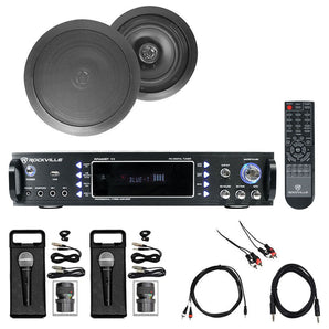1000w Karaoke Bluetooth Amp/Mixer+(2) Black Ceiling Speakers+(2) Microphones