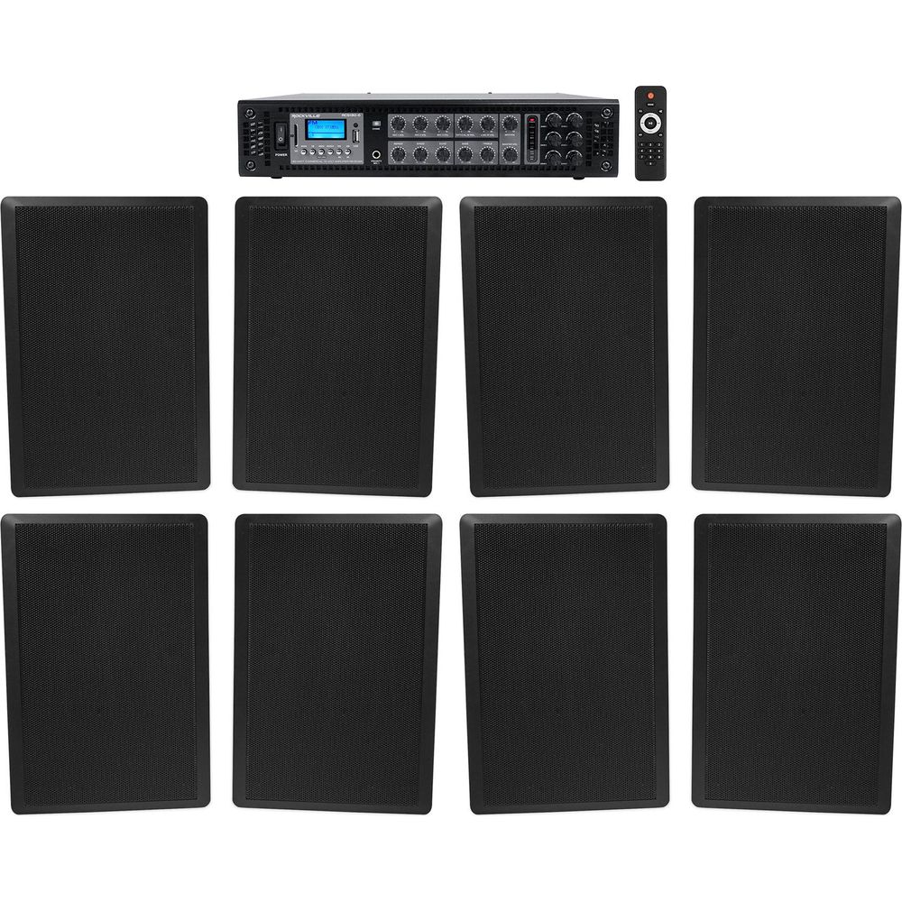 6-Zone 70V Amplifier + (8) Slim Black Restaurant/Bar/Cafe Wall Speakers