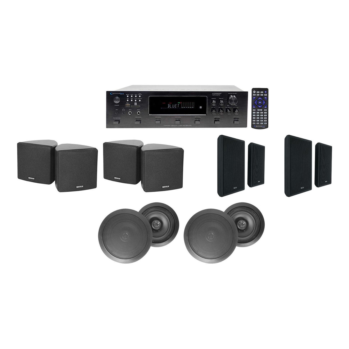 6-Zone Receiver, Black Cube, Wall & Black 8" Ceiling Spk