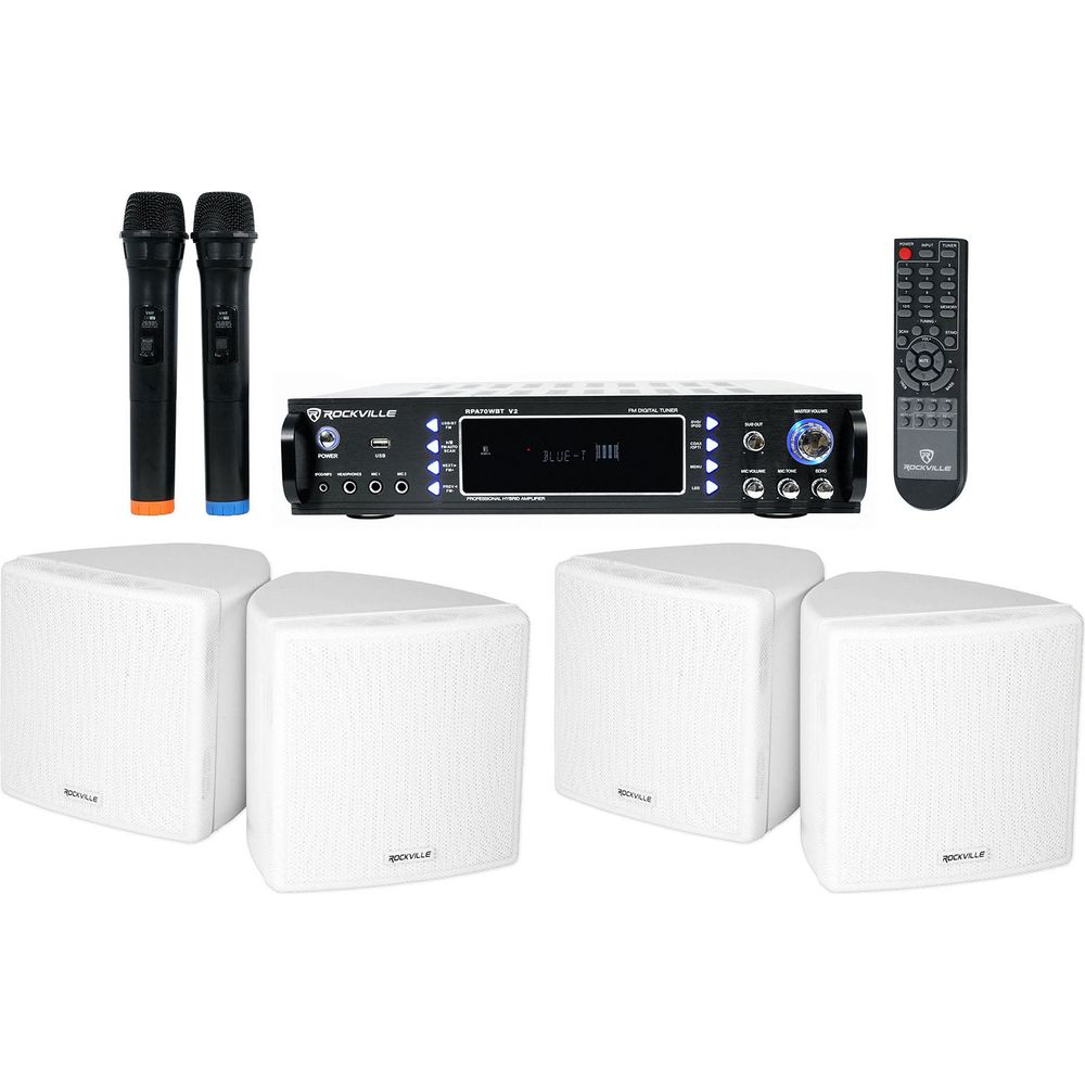Hybrid Home Theater Karaoke Receiver+Mics+(4) 3.5" White Cube Speakers