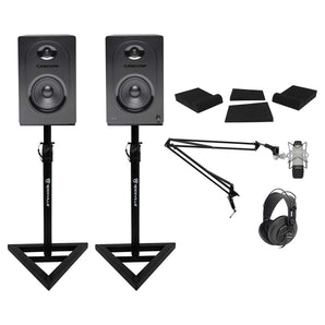 Pair Samson M50 5" Active Studio Monitors+Stands+Pads+Headphones+Mic+Boom Arm
