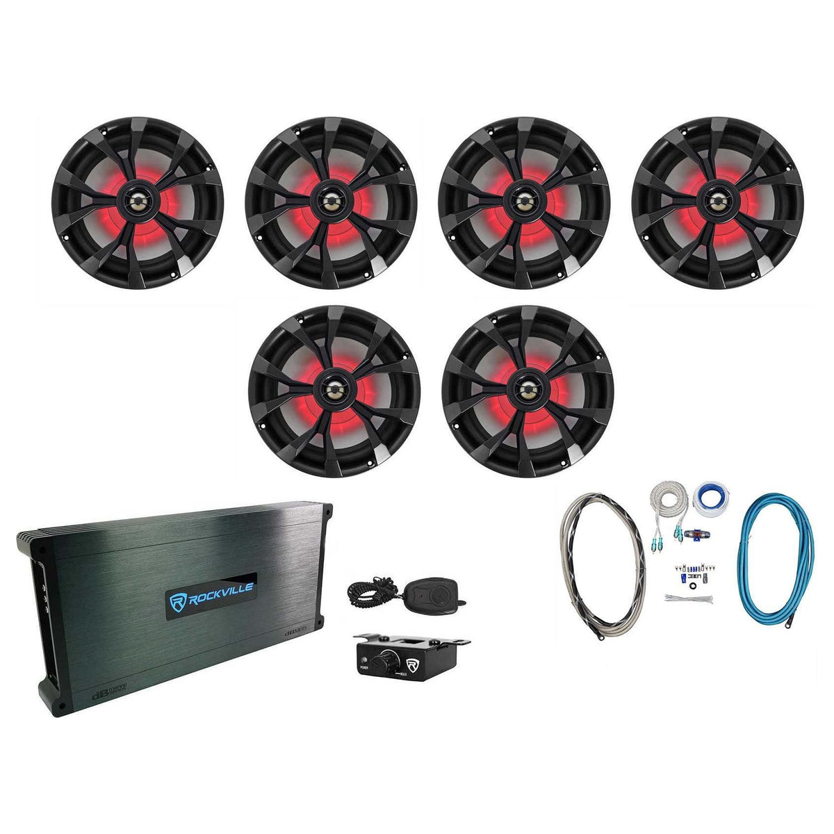 (6) RKL80MB 8" 900W Marine Boat Speakers With LEDs + Amplifier + Amp Kit