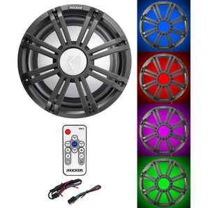 KICKER 45KMF102 10" Free Air Marine Subwoofer Sub+Charcoal Grille w/LED's+Remote