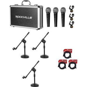 Rockville 3 Pack of Metal Dynamic Microphones+Case+Boom Stands For Instruments