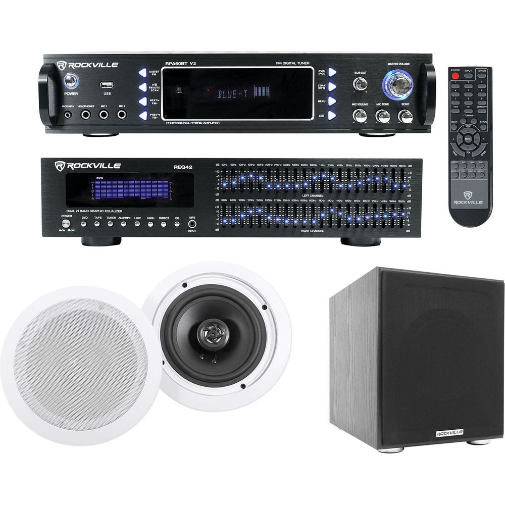 Home Theater Bluetooth Receiver+EQ+(2) Ceiling Speakers+8" Subwoofer