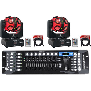 (2) Rockville Party Spinner LED RGBW Moving Head DJ Lights+DMX Controller+Cables