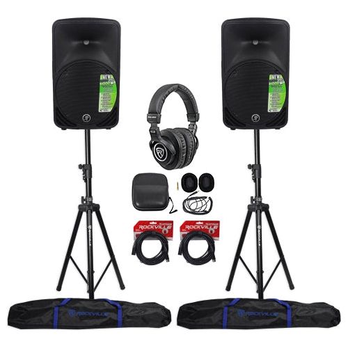 (2) SRM350V3 1000W 10in Powered PA Speaker Bundle with Hydraulic Stands & Headphones