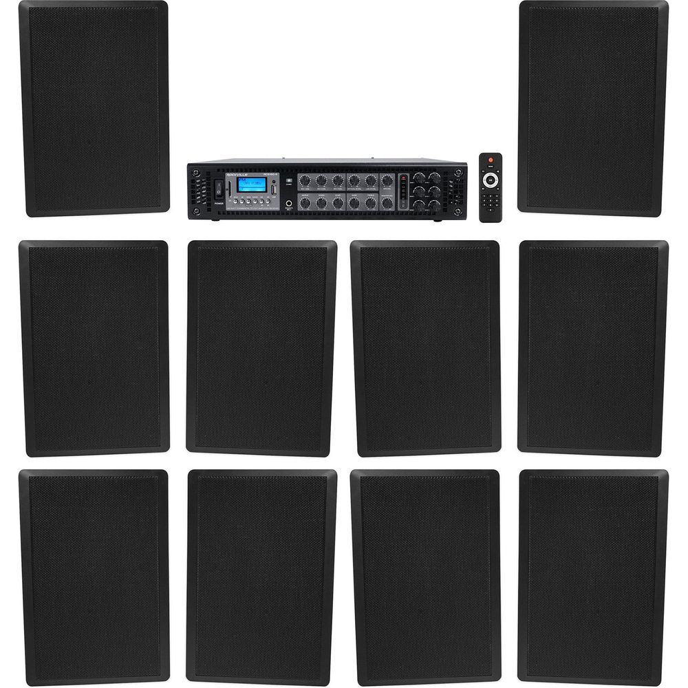 6-Zone 70v Amplifier+(10) Slim Black Restaurant/Bar/Cafe Wall Speakers