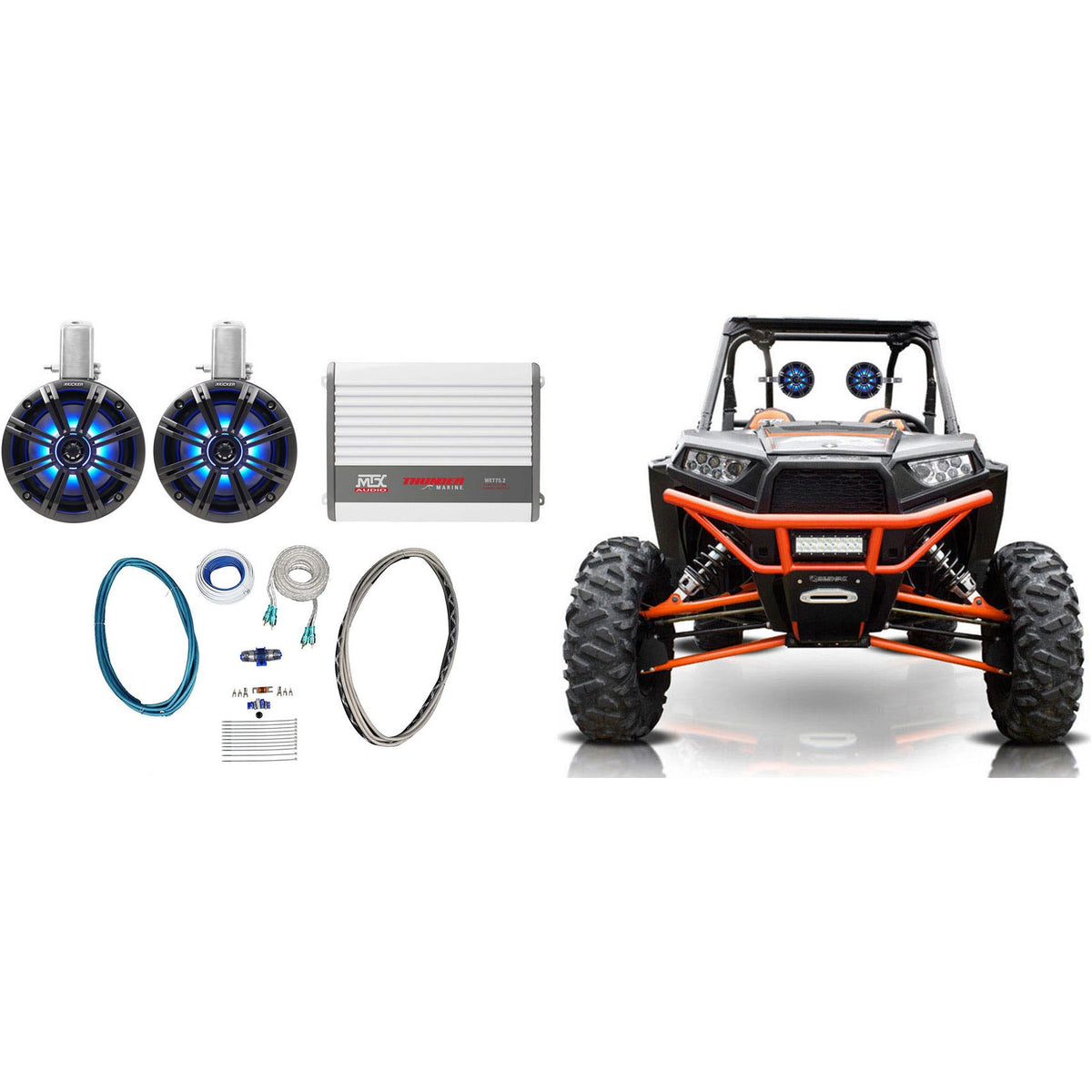 45KMTC65 6.5" LED Tower Speakers + WET75.2 Amplifier + RMWK8 Wire Kit for RZR/ATV/UTV
