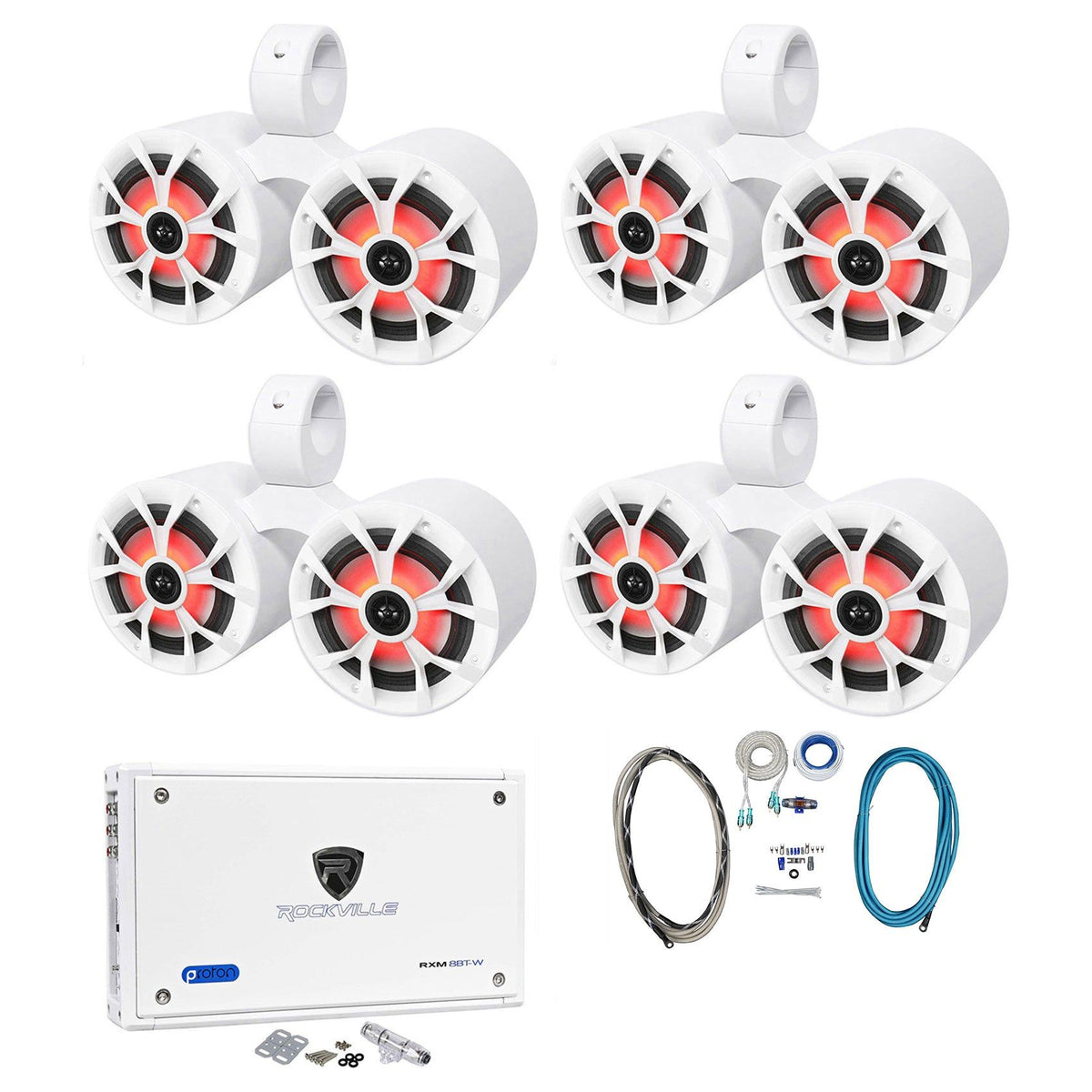 (4) RKL65MBW Dual 6.5" Marine Wakeboard LED Speakers+Amplifier+Wire Kit