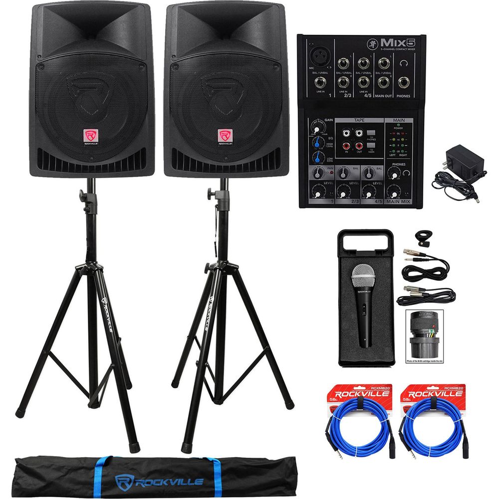 (2) RPG12 12" Active 800W DJ PA Speakers+Mackie Mixer+Stands+Mic+Cables