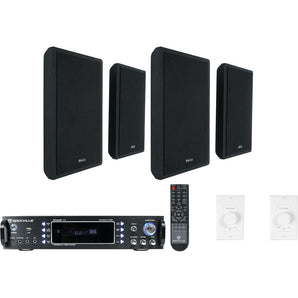 Rockville 2-Room Home Audio Receiver Amp+(4) 5.25" Wall Speakers+Wall Controls